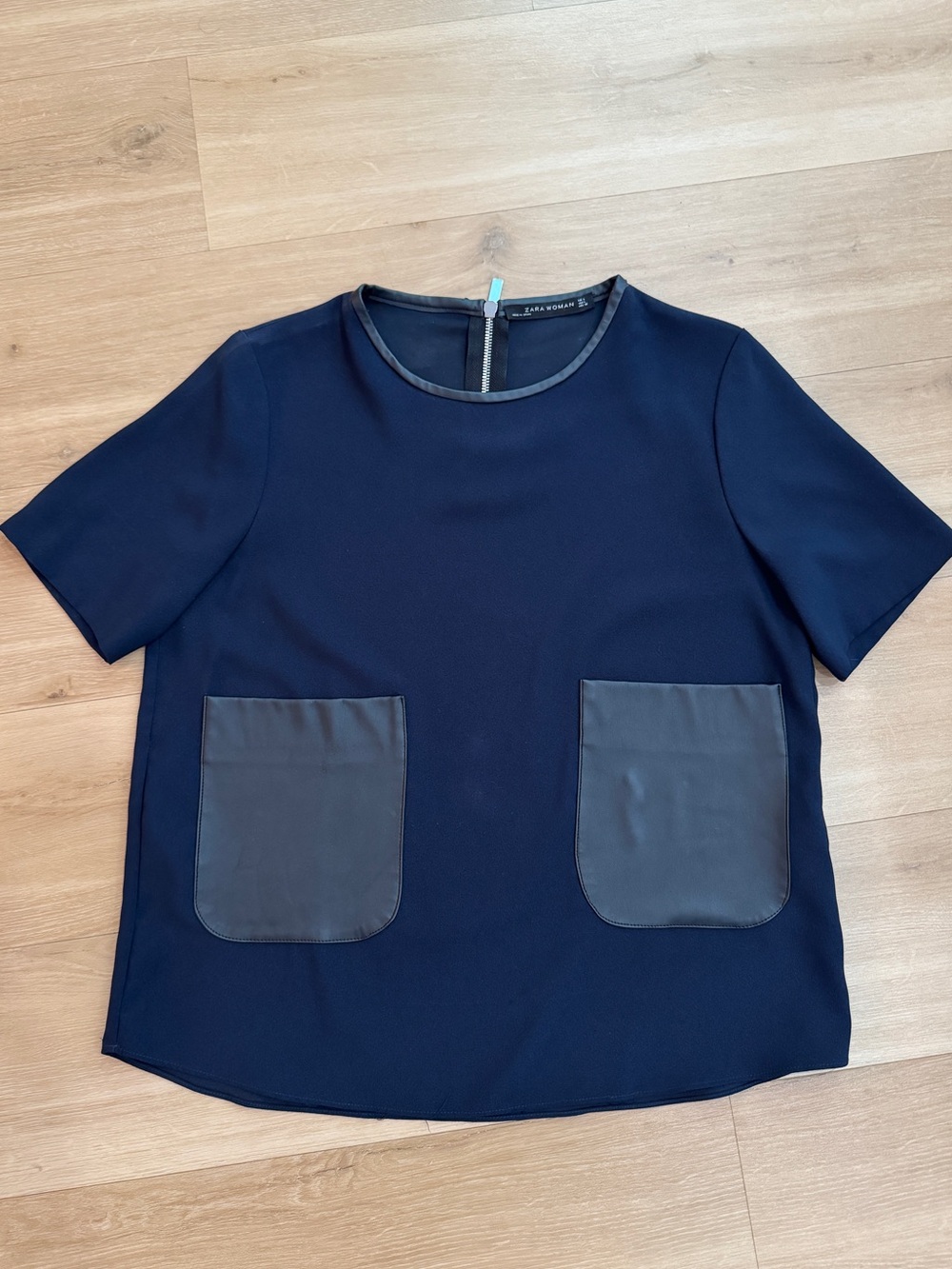Zara Navy Boxy Short-Sleeve Top with Faux Leather Black Pocket Accents size L